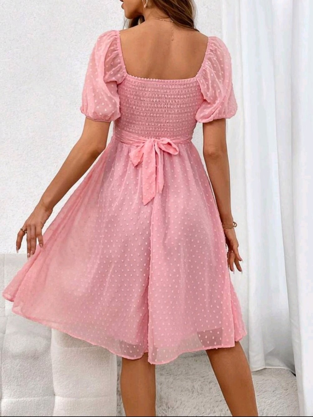 Sweetheart Neckline Pink Swiss Dot Midi Dress - Picture 2 of 7
